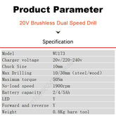 Worx WU173 Wireless Dual Speed Drill Rechargeable Brushless 20v 50Nm 1900rpm 18+1 Torque Adjustable Share WORX 5pin Battery